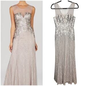 BCBGMAXAZRIA Julea Illusion Neck Metallic Sequin Lace Gown Size 2